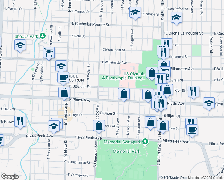 map of restaurants, bars, coffee shops, grocery stores, and more near 1309 East Boulder Street in Colorado Springs