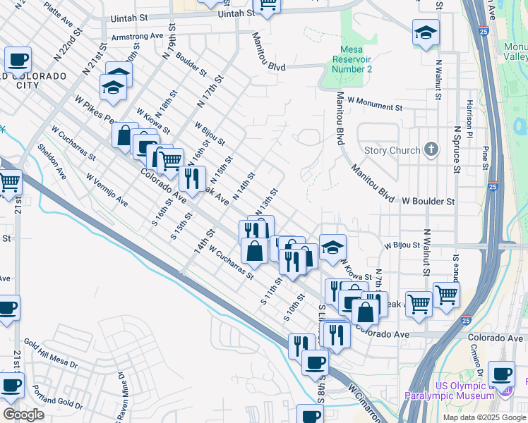 map of restaurants, bars, coffee shops, grocery stores, and more near 1218 West Pikes Peak Avenue in Colorado Springs