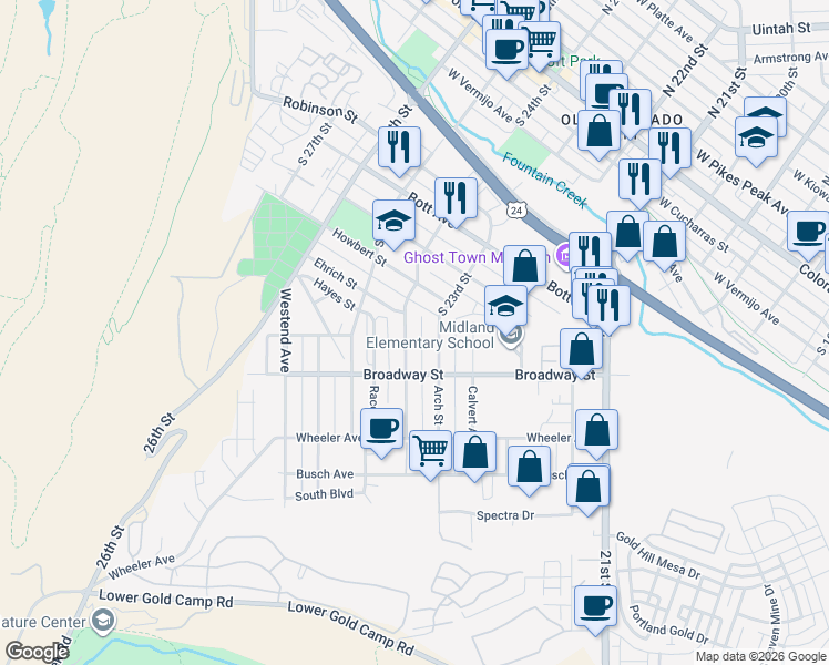 map of restaurants, bars, coffee shops, grocery stores, and more near 1035 Market Street in Colorado Springs
