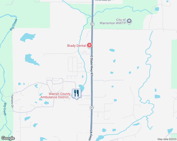 map of restaurants, bars, coffee shops, grocery stores, and more near 2313 East State Highway 47 in Warrenton