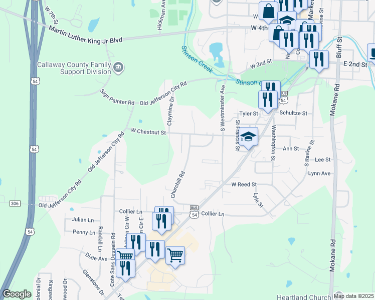 map of restaurants, bars, coffee shops, grocery stores, and more near 700 Churchill Road in Fulton