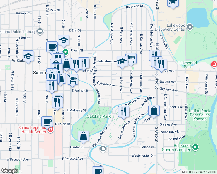 map of restaurants, bars, coffee shops, grocery stores, and more near 211 South Oakdale Avenue in Salina