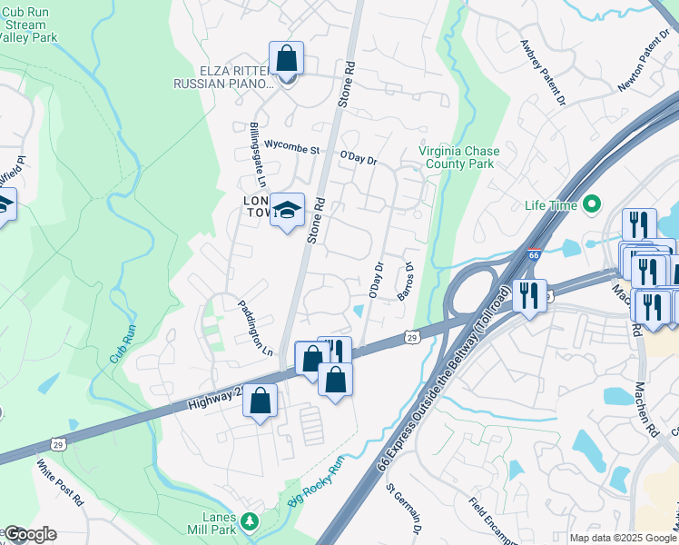 map of restaurants, bars, coffee shops, grocery stores, and more near 14652 Seasons Drive in Centreville