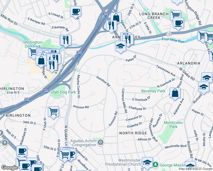 map of restaurants, bars, coffee shops, grocery stores, and more near 3538 Valley Drive in Alexandria