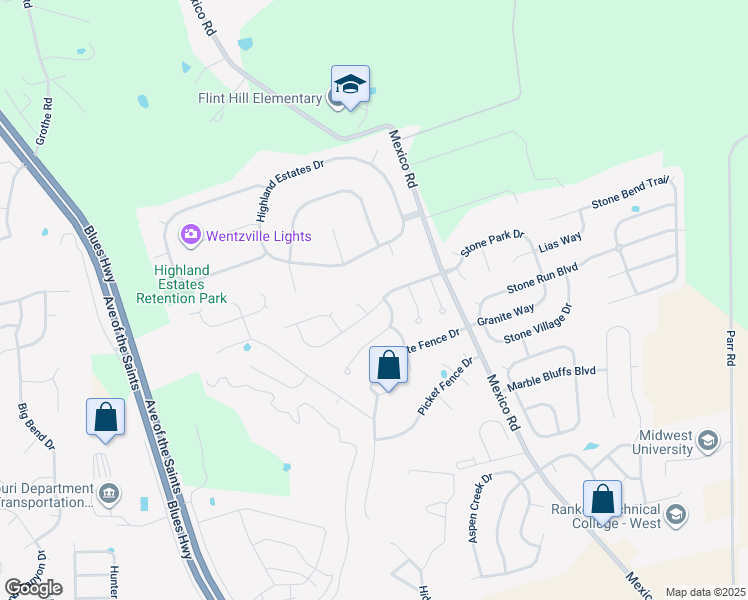 map of restaurants, bars, coffee shops, grocery stores, and more near 701 Ballantrae Drive in Wentzville