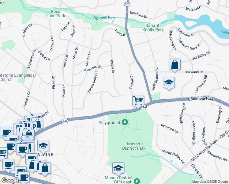 map of restaurants, bars, coffee shops, grocery stores, and more near 3906 Ivydale Drive in Annandale