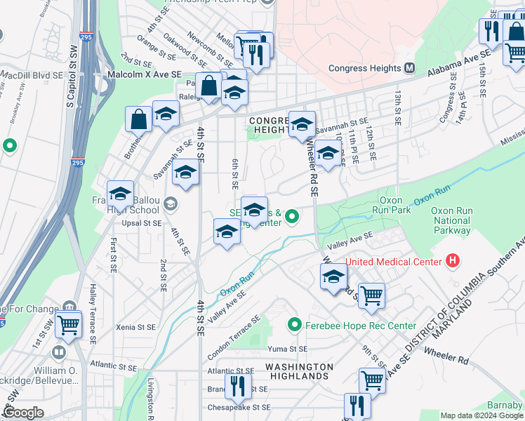 map of restaurants, bars, coffee shops, grocery stores, and more near 622 Mississippi Avenue Southeast in Washington