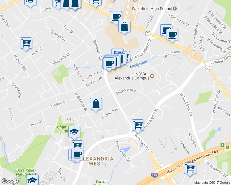 map of restaurants, bars, coffee shops, grocery stores, and more near 5222 Dover Place in Alexandria