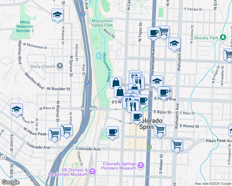 map of restaurants, bars, coffee shops, grocery stores, and more near 9 Boulder Court in Colorado Springs