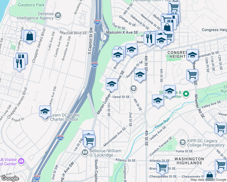 map of restaurants, bars, coffee shops, grocery stores, and more near 3618 Martin Luther King Junior Avenue Southeast in Washington