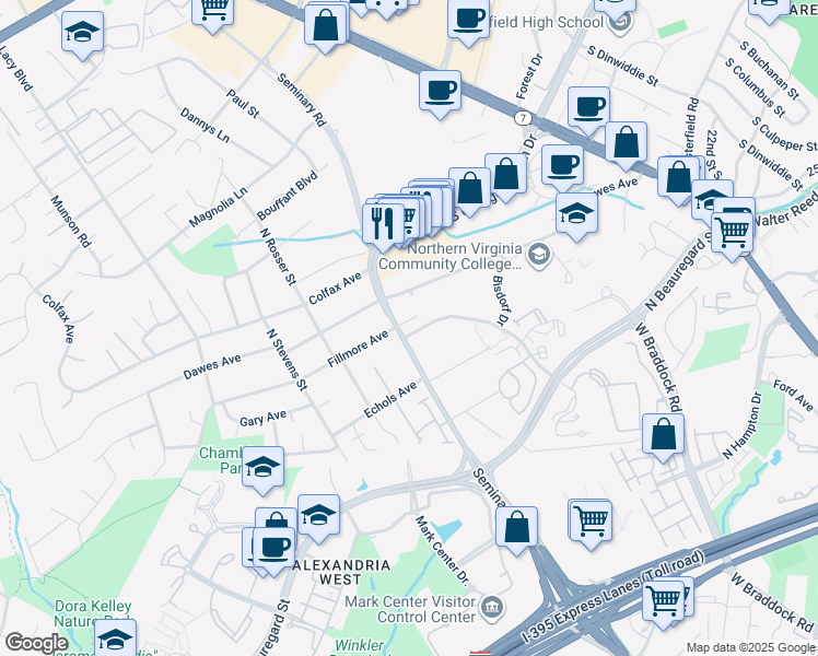 map of restaurants, bars, coffee shops, grocery stores, and more near 5222 Dover Place in Alexandria