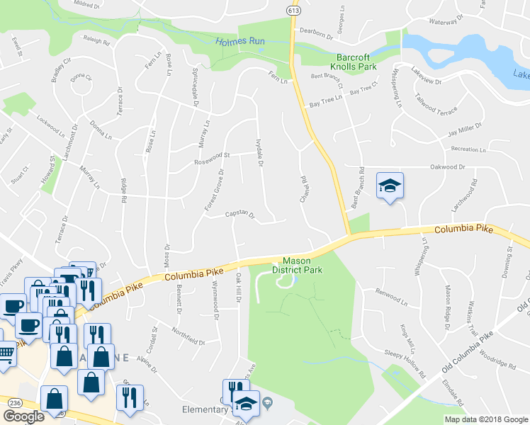 map of restaurants, bars, coffee shops, grocery stores, and more near 3906 Ivydale Drive in Annandale