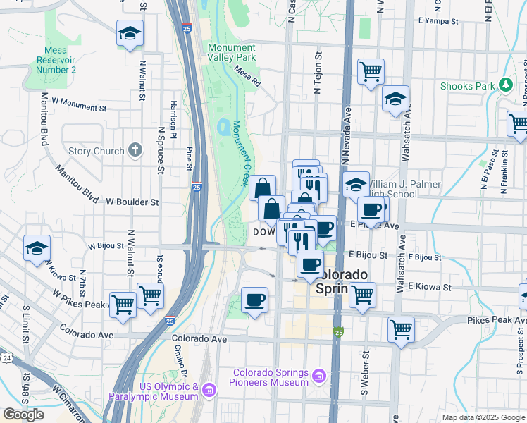 map of restaurants, bars, coffee shops, grocery stores, and more near 9 Boulder Court in Colorado Springs