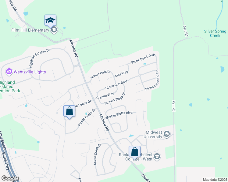map of restaurants, bars, coffee shops, grocery stores, and more near 129 Granite Way in Wentzville