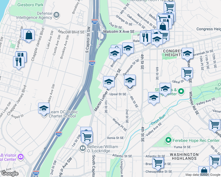 map of restaurants, bars, coffee shops, grocery stores, and more near 3618 Martin Luther King Junior Avenue Southeast in Washington