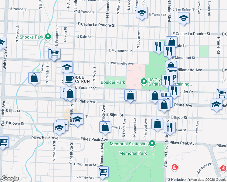 map of restaurants, bars, coffee shops, grocery stores, and more near 313 North Sheridan Avenue in Colorado Springs