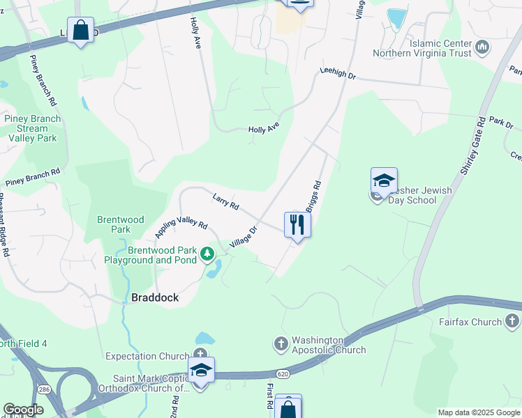 map of restaurants, bars, coffee shops, grocery stores, and more near 4824 Village Drive in Fairfax