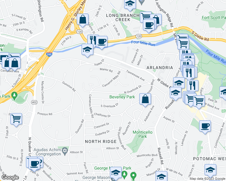 map of restaurants, bars, coffee shops, grocery stores, and more near 711 North Overlook Drive in Alexandria