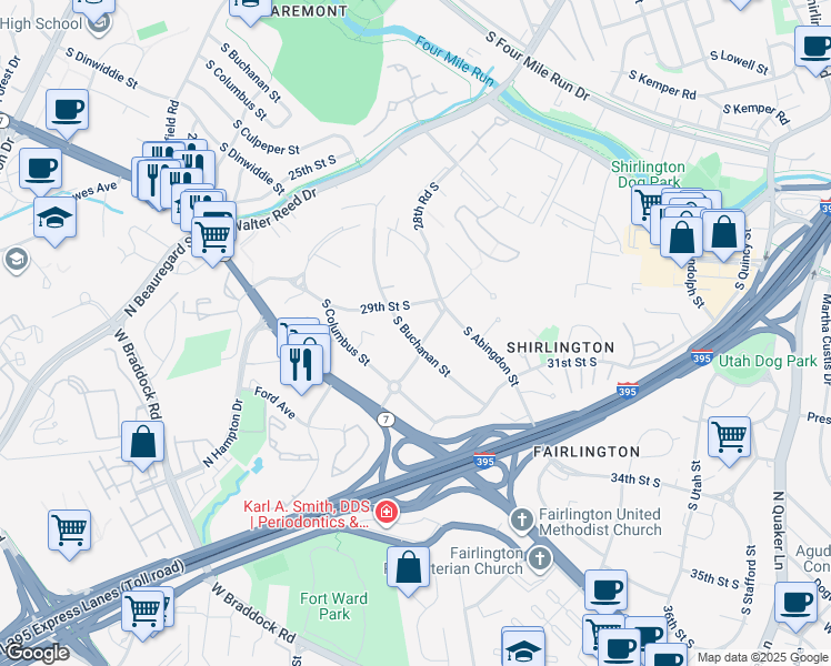 map of restaurants, bars, coffee shops, grocery stores, and more near 2925 South Buchanan Street in Arlington