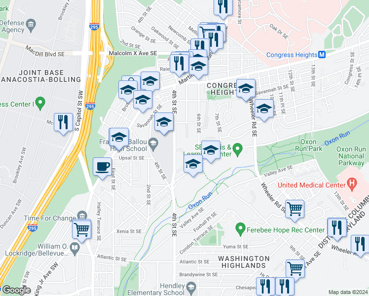map of restaurants, bars, coffee shops, grocery stores, and more near 414 Woodcrest Drive Southeast in Washington