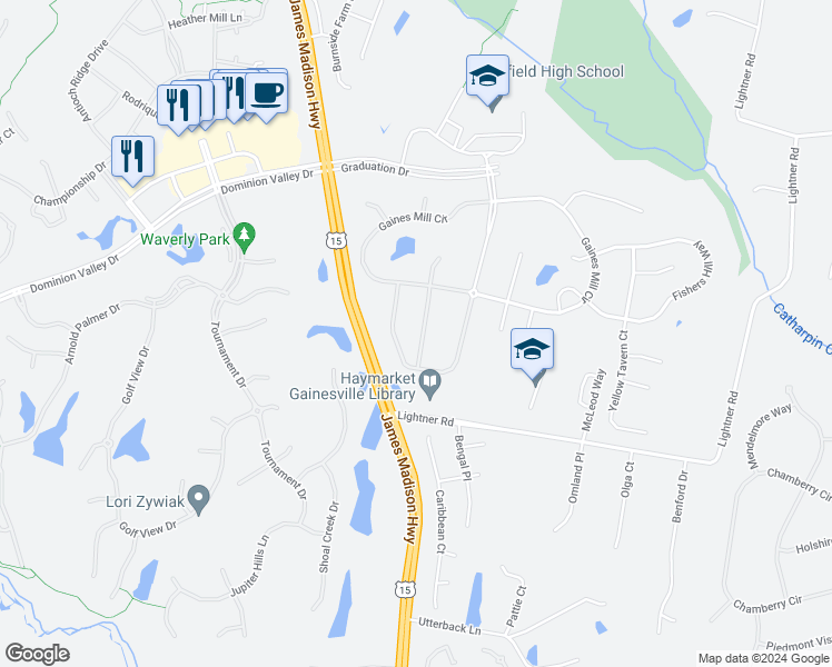 map of restaurants, bars, coffee shops, grocery stores, and more near 5526 Hillsman Farm Lane in Haymarket