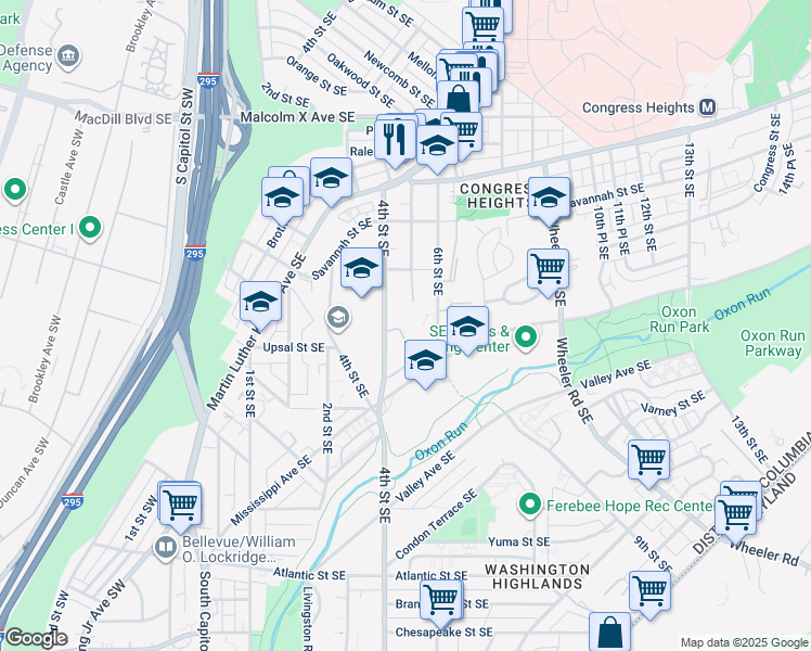 map of restaurants, bars, coffee shops, grocery stores, and more near 414 Woodcrest Drive Southeast in Washington
