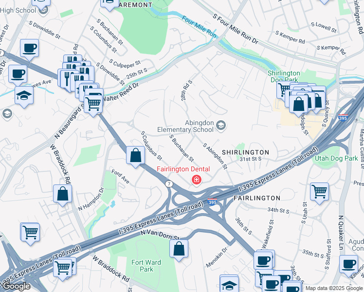 map of restaurants, bars, coffee shops, grocery stores, and more near 2925 South Buchanan Street in Arlington