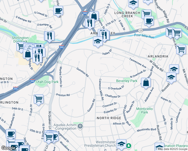 map of restaurants, bars, coffee shops, grocery stores, and more near 910 North Overlook Drive in Alexandria