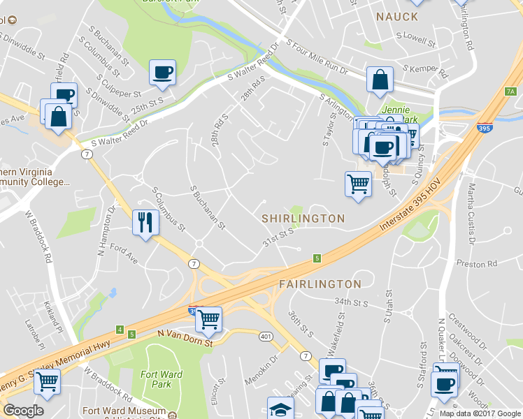 map of restaurants, bars, coffee shops, grocery stores, and more near 4638 30th Road South in Arlington