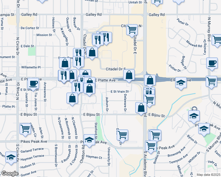 map of restaurants, bars, coffee shops, grocery stores, and more near 3508 East Saint Vrain Street in Colorado Springs