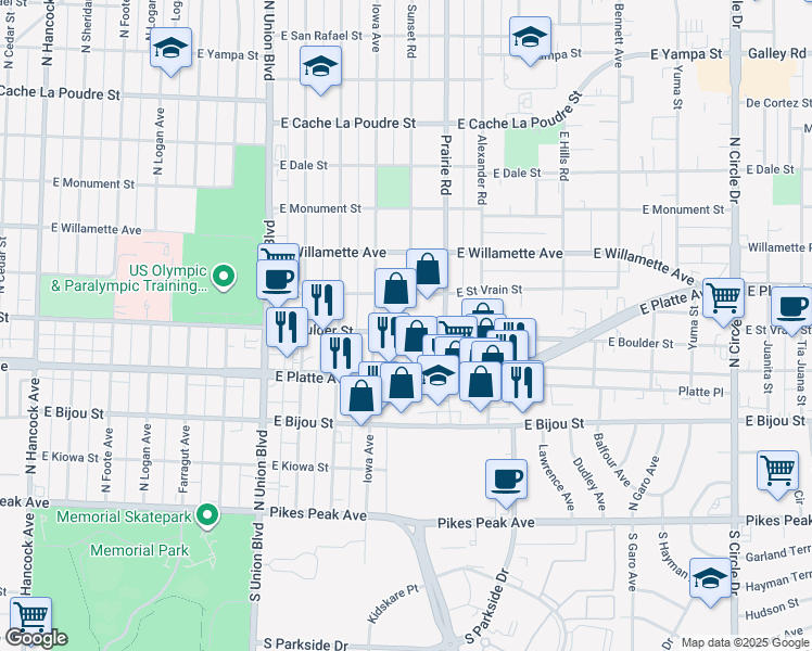 map of restaurants, bars, coffee shops, grocery stores, and more near 2203 East Boulder Street in Colorado Springs