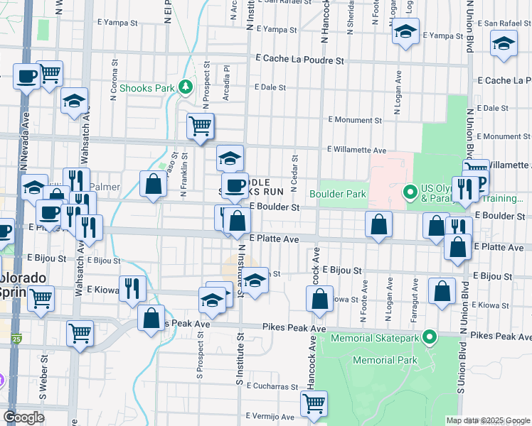 map of restaurants, bars, coffee shops, grocery stores, and more near 1006 East Platte Avenue in Colorado Springs