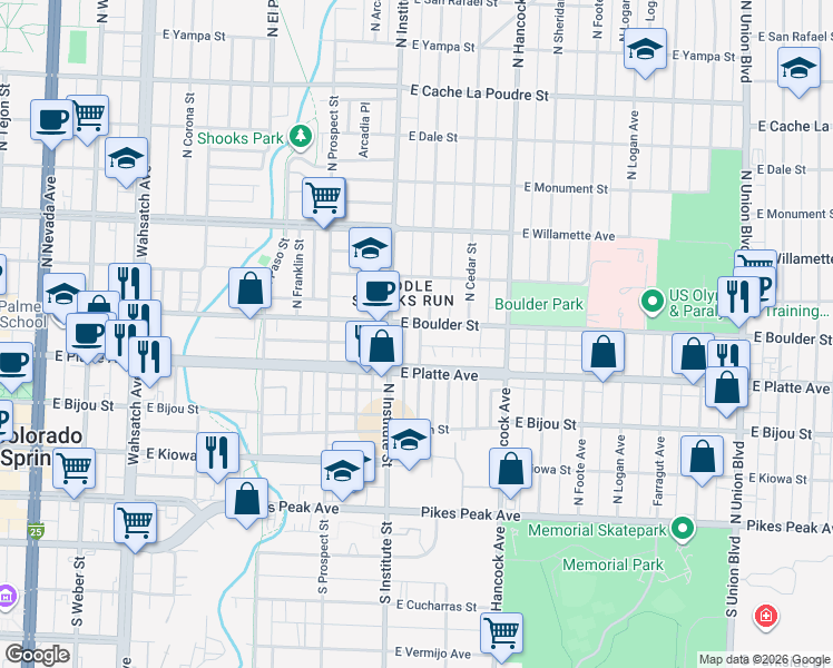 map of restaurants, bars, coffee shops, grocery stores, and more near 1006 East Platte Avenue in Colorado Springs