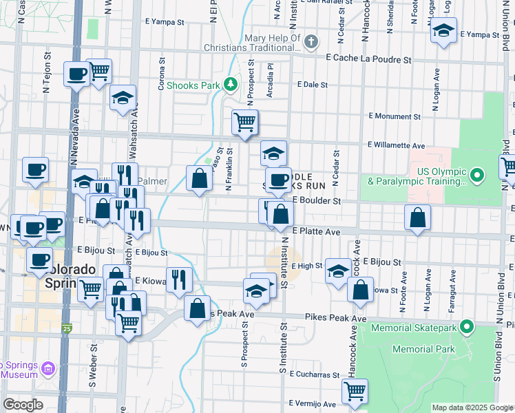 map of restaurants, bars, coffee shops, grocery stores, and more near 820 East Platte Avenue in Colorado Springs