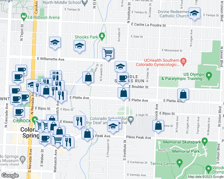 map of restaurants, bars, coffee shops, grocery stores, and more near 820 East Platte Avenue in Colorado Springs