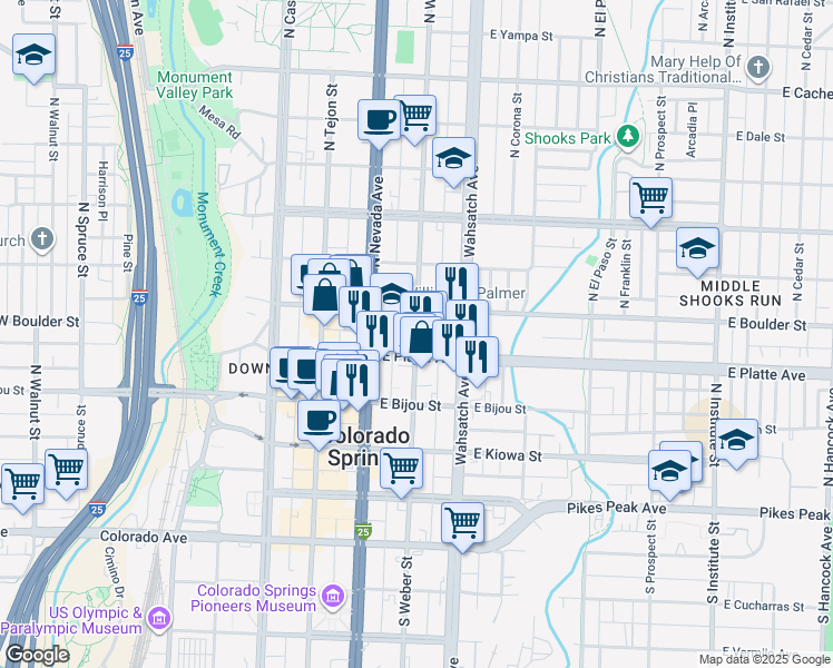 map of restaurants, bars, coffee shops, grocery stores, and more near 215 East Platte Avenue in Colorado Springs