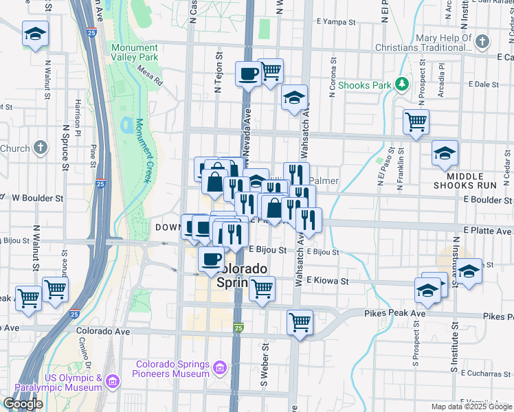 map of restaurants, bars, coffee shops, grocery stores, and more near 215 East Platte Avenue in Colorado Springs