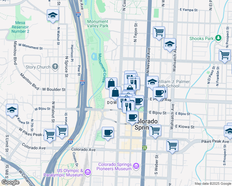 map of restaurants, bars, coffee shops, grocery stores, and more near 9 Boulder Court in Colorado Springs