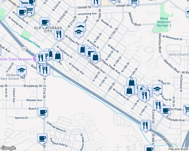 map of restaurants, bars, coffee shops, grocery stores, and more near 1513 West Cucharras Street in Colorado Springs