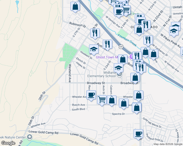 map of restaurants, bars, coffee shops, grocery stores, and more near 2480 Broadway Avenue in Colorado Springs