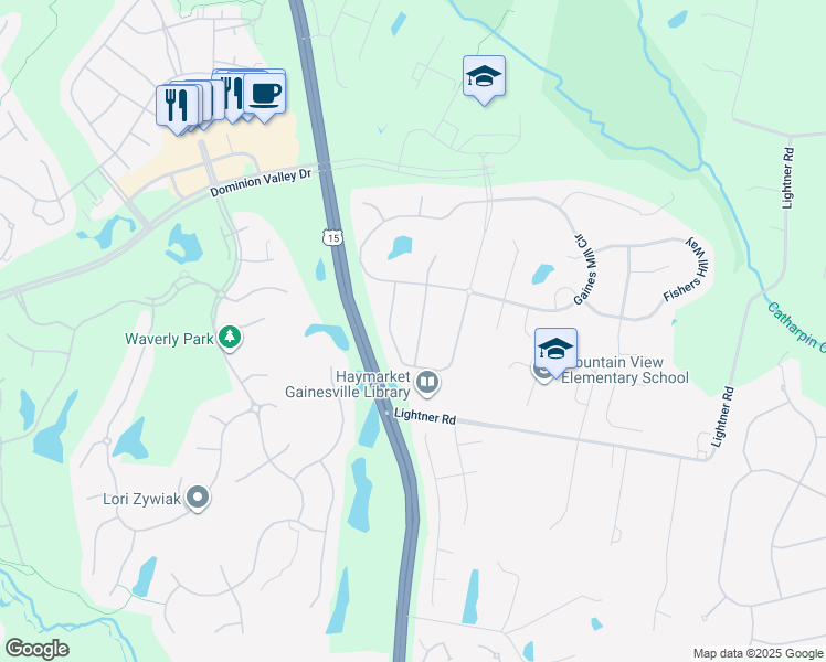 map of restaurants, bars, coffee shops, grocery stores, and more near 5526 Hillsman Farm Lane in Haymarket