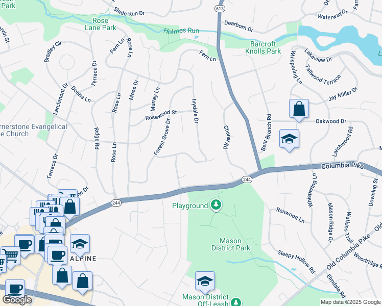 map of restaurants, bars, coffee shops, grocery stores, and more near 6710 Capstan Drive in Annandale