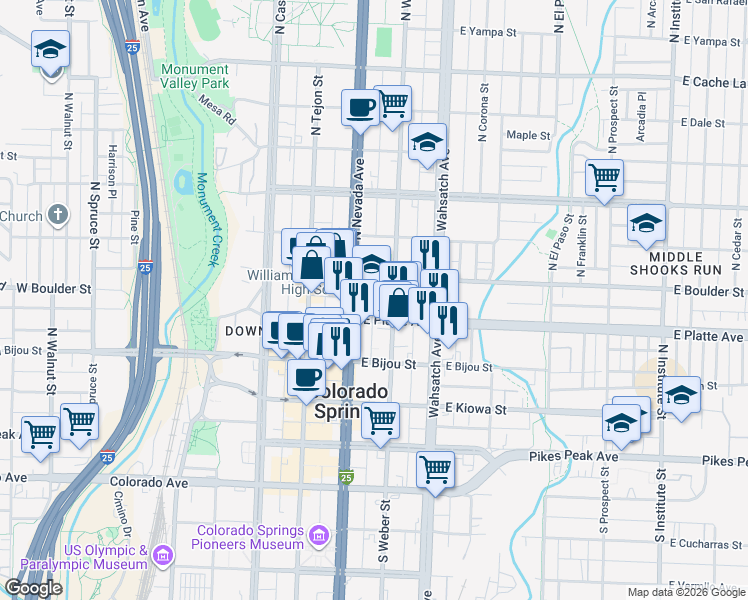 map of restaurants, bars, coffee shops, grocery stores, and more near 301 North Nevada Avenue in Colorado Springs