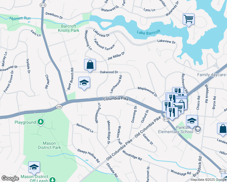 map of restaurants, bars, coffee shops, grocery stores, and more near 3913 Larchwood Road in Falls Church