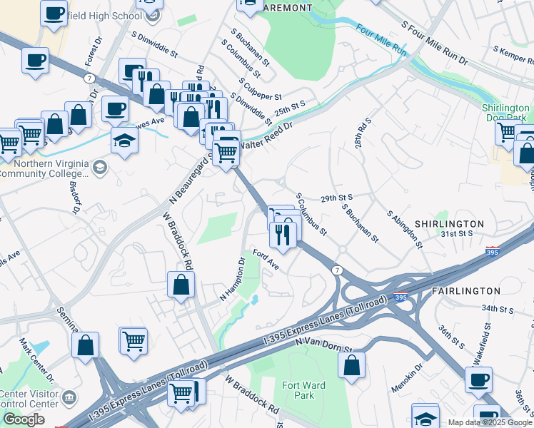 map of restaurants, bars, coffee shops, grocery stores, and more near 4390 King Street in Alexandria