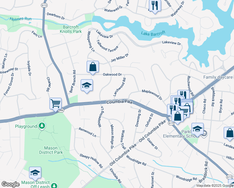 map of restaurants, bars, coffee shops, grocery stores, and more near 3913 Larchwood Road in Falls Church