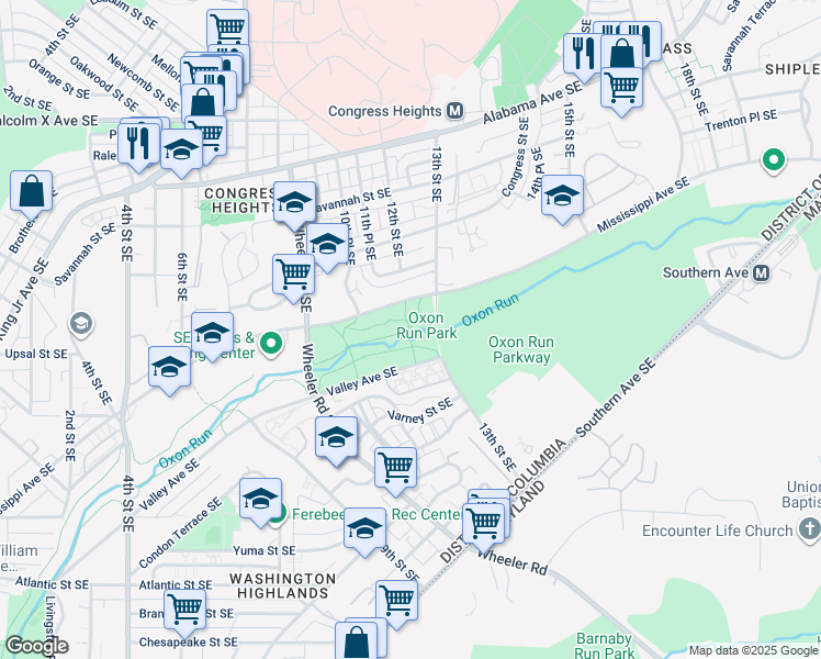 map of restaurants, bars, coffee shops, grocery stores, and more near 1200 Mississippi Avenue Southeast in Washington