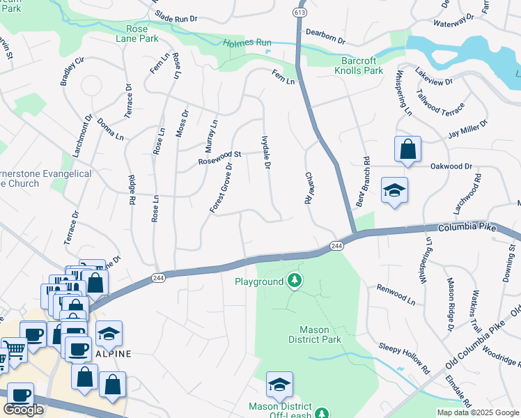 map of restaurants, bars, coffee shops, grocery stores, and more near 6710 Capstan Drive in Annandale