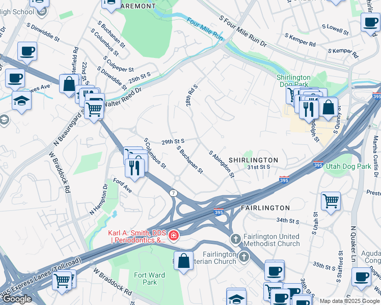 map of restaurants, bars, coffee shops, grocery stores, and more near 4711 30th Street South in Arlington