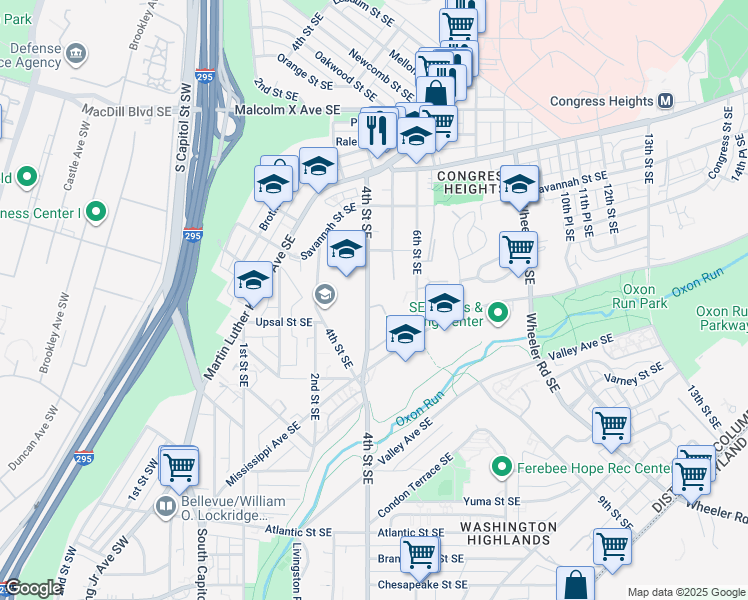 map of restaurants, bars, coffee shops, grocery stores, and more near 402 Woodcrest Drive Southeast in Washington